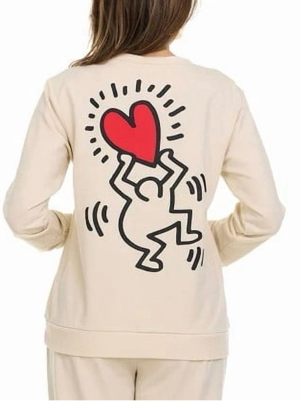 XL Keith Haring Love Graphic Print Sweatshirt Pullover Women’s Cream Winter Fall